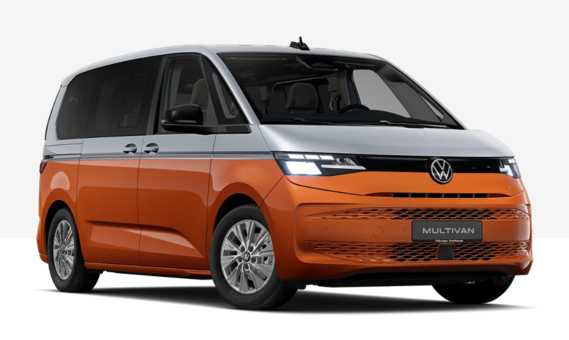VW Multivan bicolore orange et blanc, vue de face et de profil sur fond neutre.