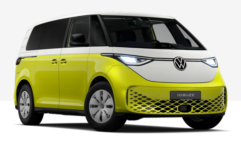 VW ID. Buzz jaune et blanc, vue de face et de profil sur fond neutre.