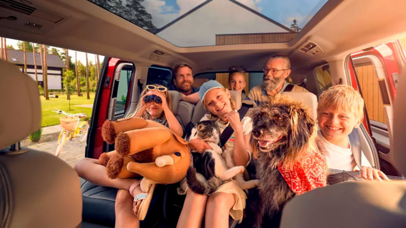 Famille avec enfants, chien et chat assise à l’intérieur d’un van Volkswagen rouge avec toit panoramique.
