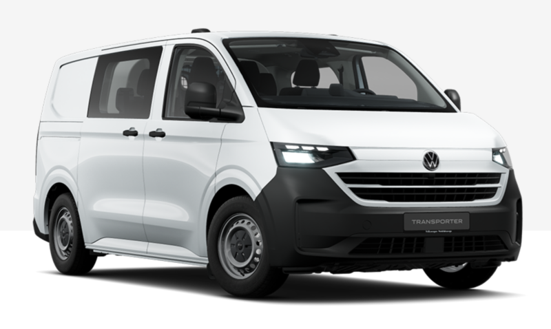 VW Transporter fourgon fermé bleu foncé, vue de face et de profil sur fond neutre.