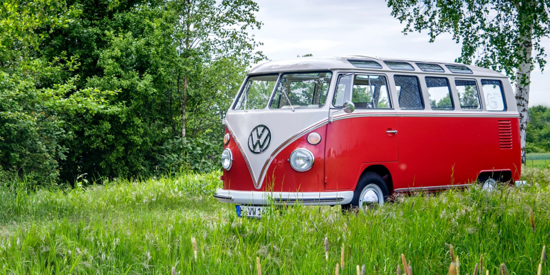 Der restaurierte Volkswagen T1 schräg von vorne auf einer Wiese.