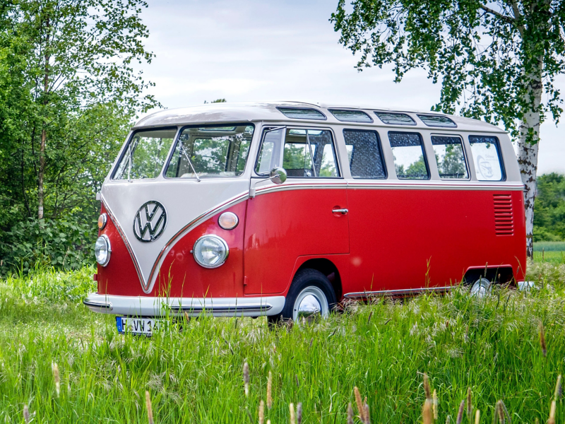 Ein restaurierter Volkswagen Bulli in rot-weiß der auf auf einer Wiese steht.