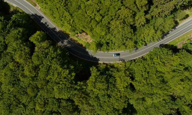 Aerial view: Car driving on a road through a forest.