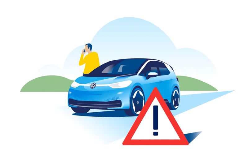 : Grafische Darstellung eines VW ID. 3 auf einer Landstraße dessen Fahrer telefoniert, im Vordergrund symbolisiert ein Warndreieck eine Panne.