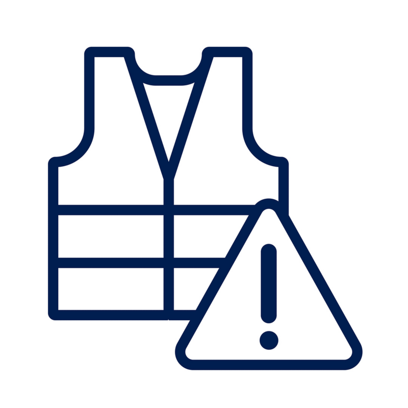 Ícono azul de chaleco de seguridad con símbolo de advertencia para personal autorizado.