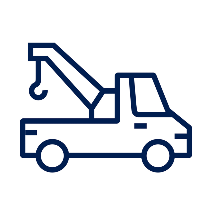 Ícono azul de grúa de plataforma para servicio de traslado de vehículos Volkswagen.