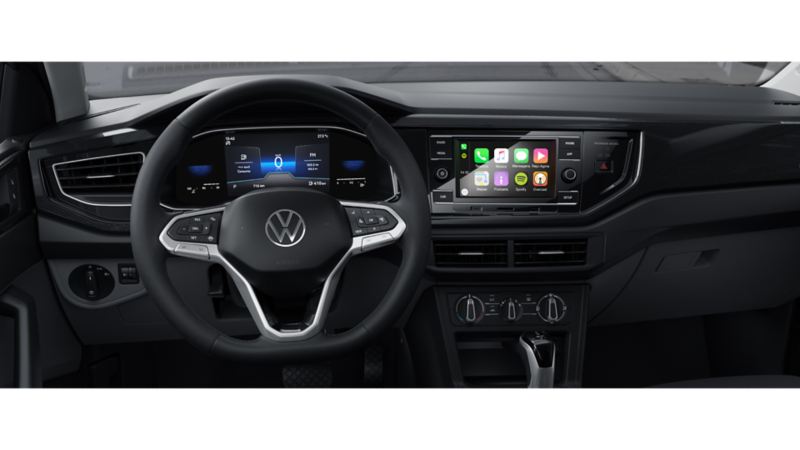 Imagen del interior del VW Polo hatchback equipado con tecnología y conectividad intuitiva