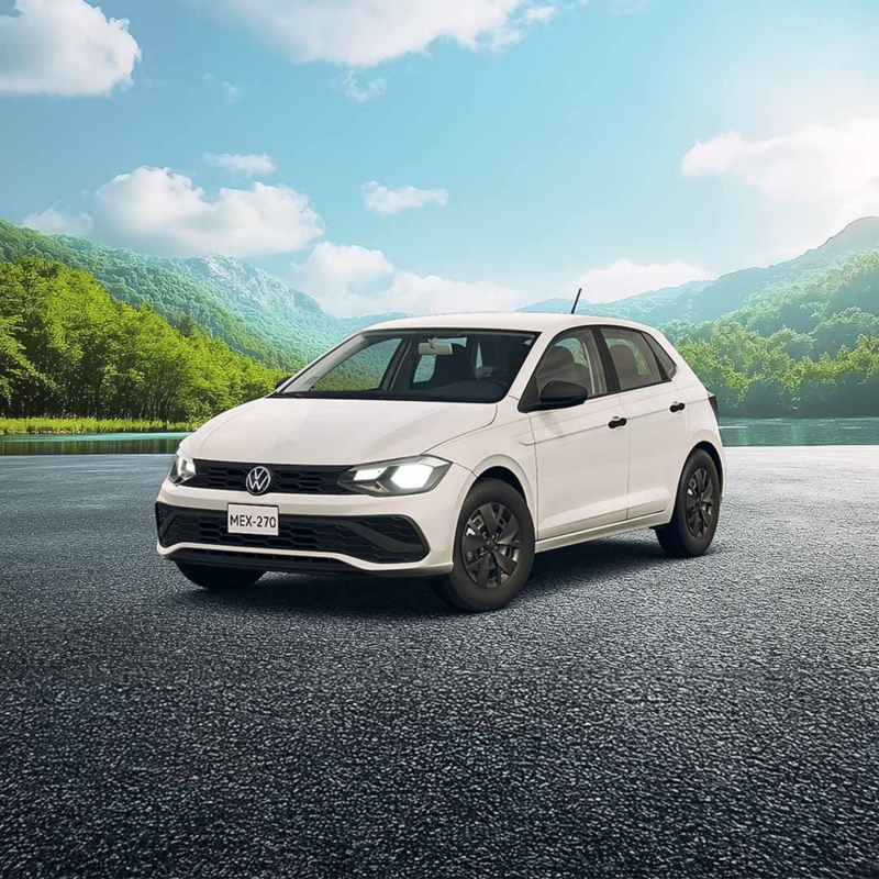 Volkswagen Polo. Hatchback en color blanco, encima de diseño con bosque nevado. 