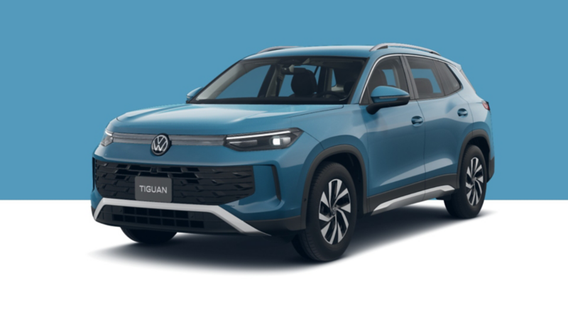 Nuevo Tiguan 2025 en color azul con parrilla en color negro, luces LED y elementos decorativos en color gris.
