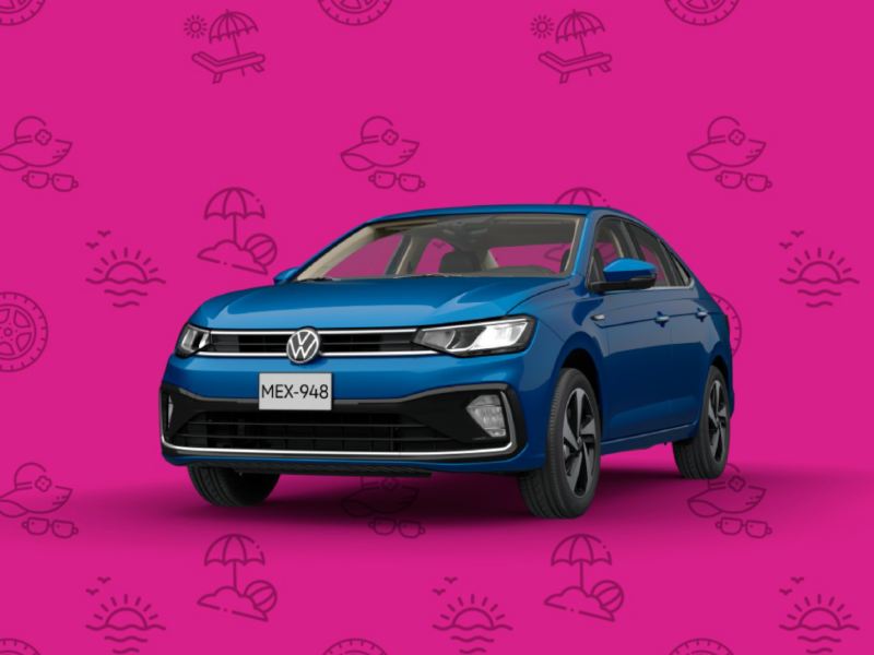 Promociones de carros nuevos en México. Volkswagen Virtus 2024 en color azul.