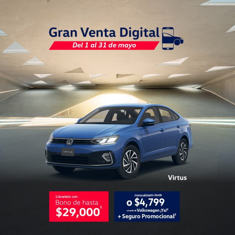 Virtus de Volkswagen. Auto sedán en color azul, con pleca informativa de promoción.