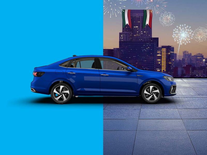 Promociones de carros nuevos en México. Volkswagen Virtus 2024 en color azul.