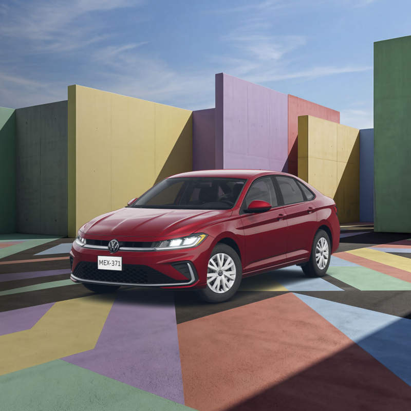 Sedán Volkswagen Jetta color rojo en vista de tres cuartos sobre piso gris.