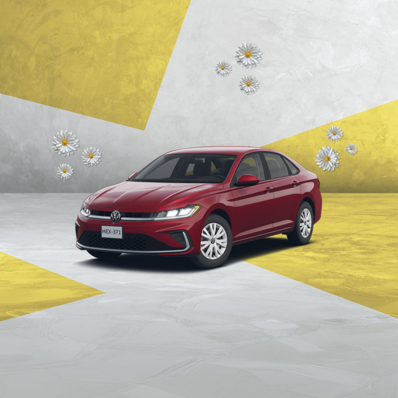 Sedán Volkswagen Jetta color rojo en vista de tres cuartos sobre piso gris.