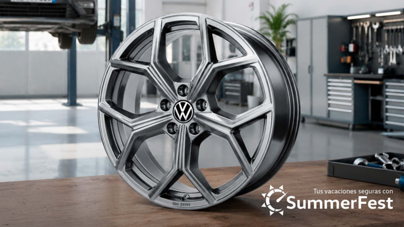 Rin de aluminio de Volkswagen Tiguan sobre mesa de trabajo, con logo de promoción Summer Fest.