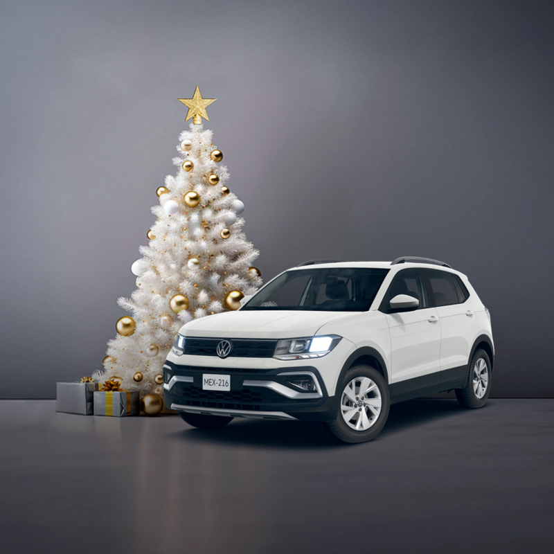 Volkswagen Taigun blanco junto a árbol de navidad blanco y regalos.