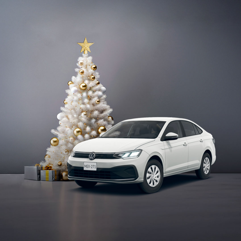 Volkswagen Virtus blanco junto a árbol de navidad blanco y regalos.