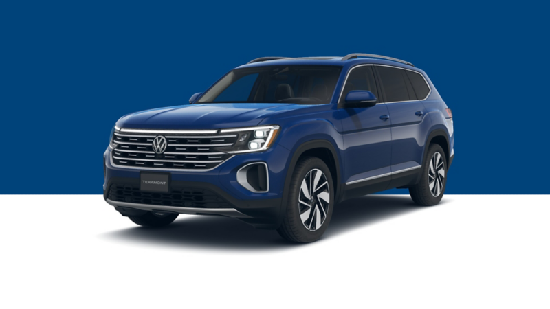 VW Teramont 2026 azul, camioneta SUV de 7 pasajeros con parrilla cromada y faros LED.