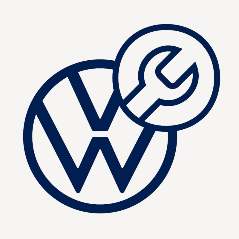 Ícono azul de Volkswagen con llave inglesa para refacciones y servicios de mantenimiento.