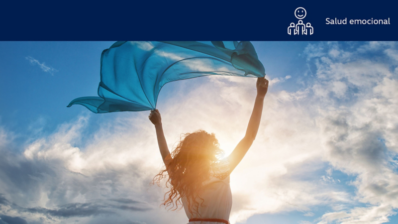 Mujer sujeta una tela transparente que mueve el viento en un paisaje con cielo azul y nubes. 