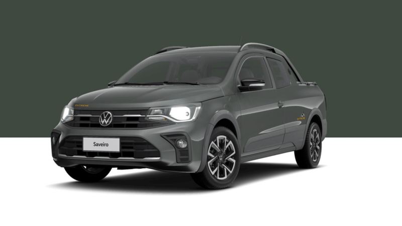 Nuevo Saveiro 2024 versión Extreme en color gris olivo. Vista lateral de pickup Volkswagen.