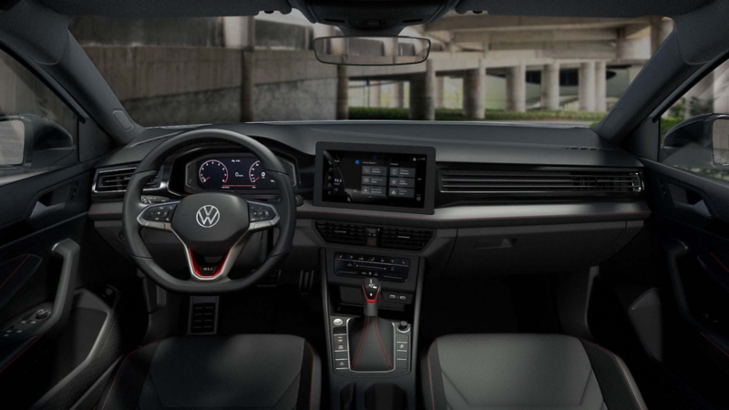 Interior completo de GLI 2026 con pantalla central, volante deportivo y consola de VW.