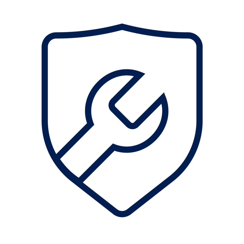 Ícono azul de escudo con llave inglesa que representa servicio automotriz Volkswagen.