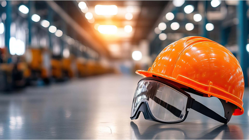 Casco de seguridad y gafas industriales están en el suelo de una fábrica. 