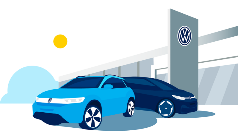 Illustration of VW cars outside a retailer