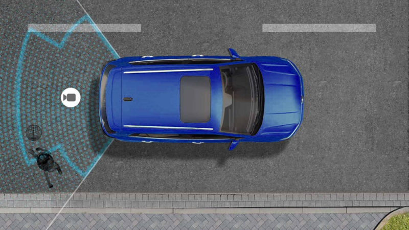 Render de nueva camioneta de Volkswagen Taigun 2023 que muestra campo de visión de la cámara trasera. 