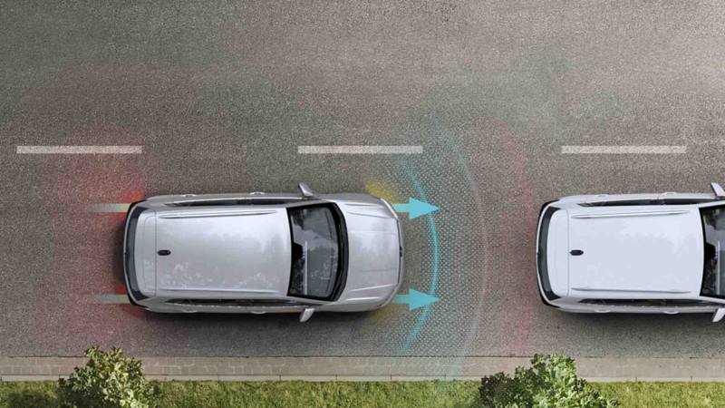 Render del asistente de colisión frontal con freno de emergencia en Taigun 2025.
