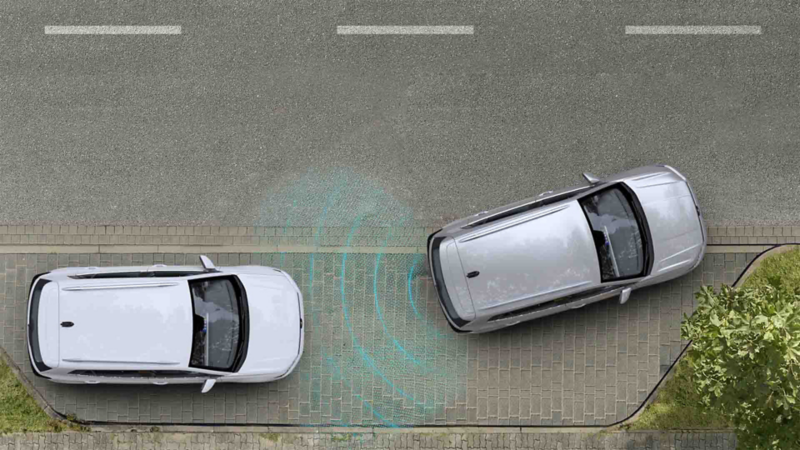 Render de Taigun 2025 que muestra el radio de los sensores de estacionamiento traseros.