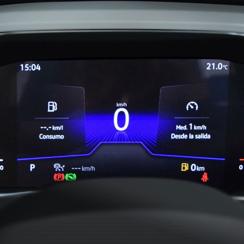 Cuadro de instrumentos digital con visualización a combustible, kilometraje y tiempo Volkswagen Taigun 2024.