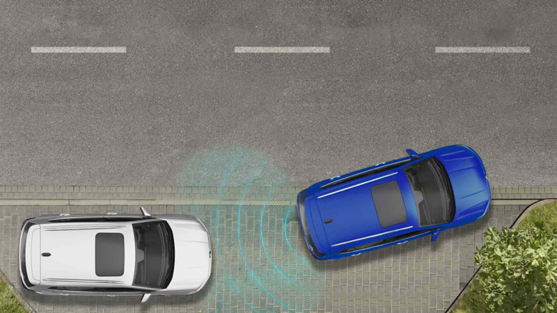 Render de Nuevo Taigun 2023 que ejemplifica el radio de los sensores de estacionamiento traseros.