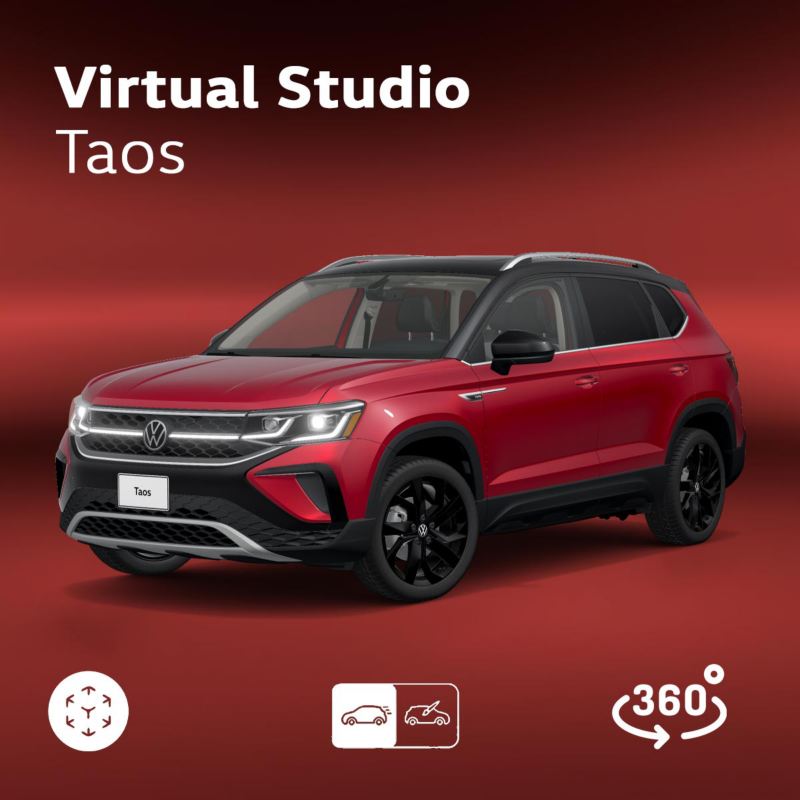Virtual Studio Volkswagen - Aplicación de realidad aumentada. Camioneta Taos en color rojo con luces delanteras encendidas.
