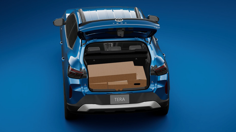 Volkswagen Tera. Vista trasera de SUV de color azul con cajas de cartón en cajuela.