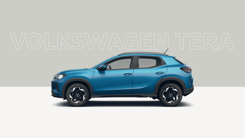 Volkswagen Tera. Ángulo exterior de SUV subcompacto de color azul en fondo gris y blanco.