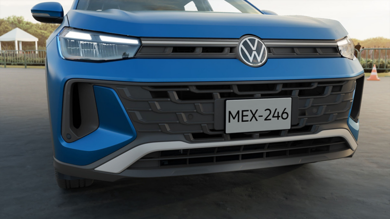 Parrilla frontal, logo VW y faros delanteros de Volkswagen Tera 2026. 