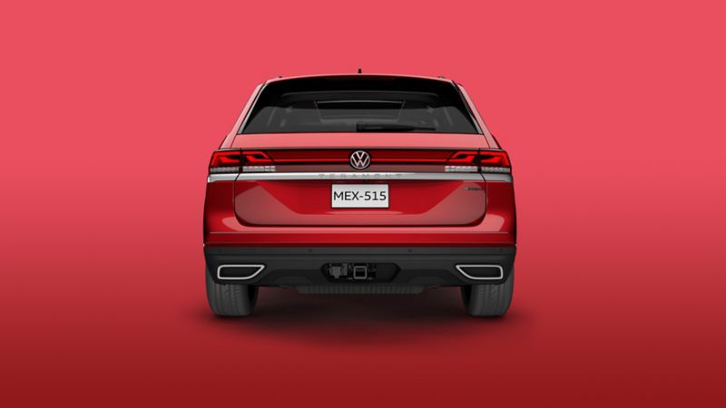 Nuevo Teramont 2024 de Volkswagen. Camioneta SUV de lujo en color rojo, con gancho para remolque.