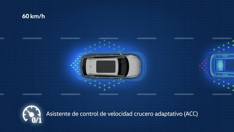 Render que ejemplifica cómo funciona el control de velocidad crucero adaptativo.