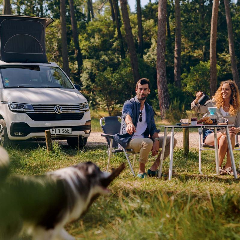 VW California campingbil med taket uppfällt. Två personer sitter vid ett campingbord framför bilen och i förgrunden springer en hund
