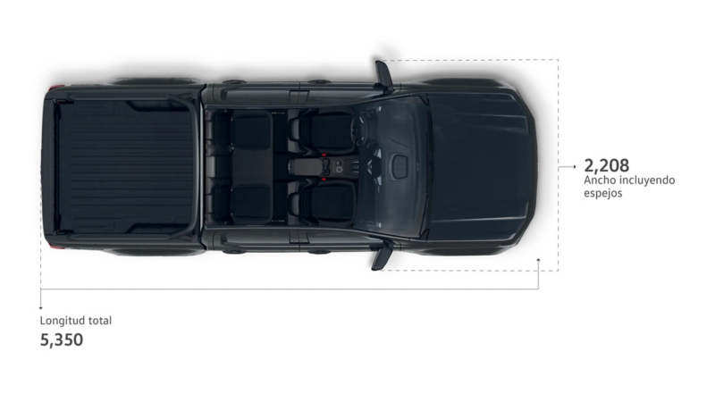 Longitud total y ancho con espejos de Amarok Dark Label