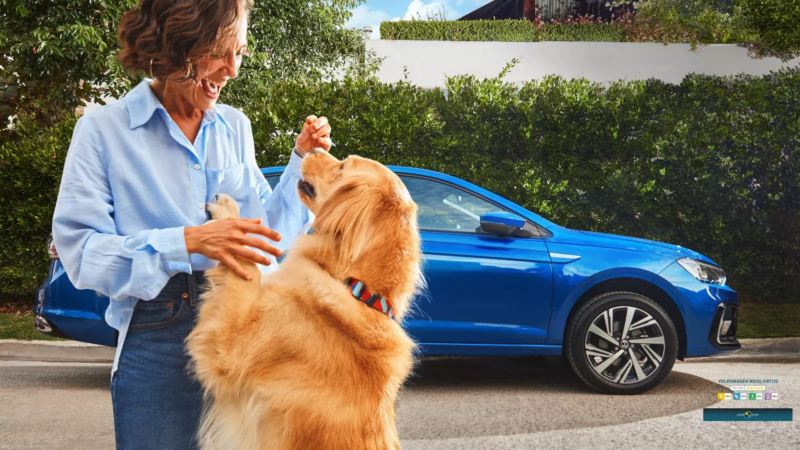 Imagen de un sedán VW Virtus en color azul junto con una mujer y un perro golden retriever