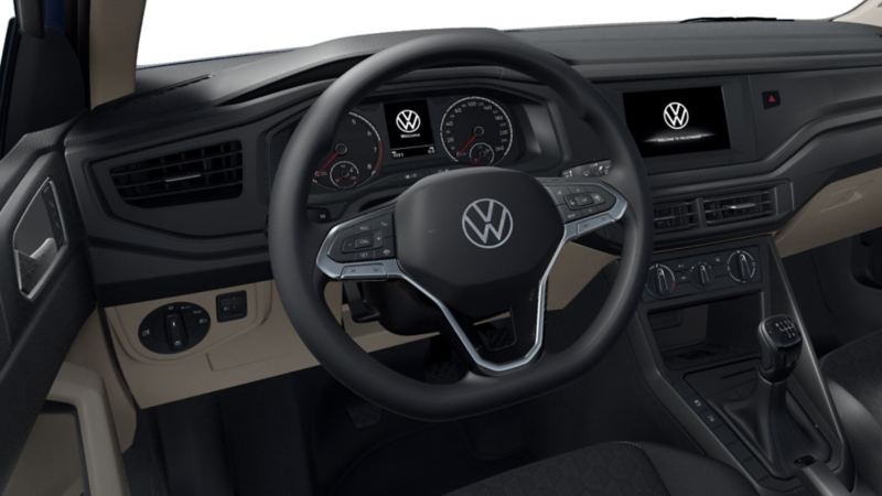 Interior de Volkswagen Virtus, con volante, pantallas y ventilas de aire acondicionado.