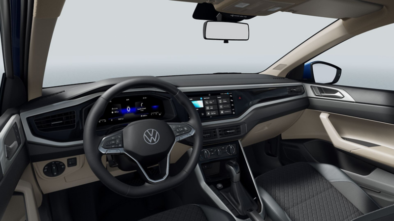 Interior de Volkswagen Virtus, con volante, pantallas y ventilas de aire acondicionado.
