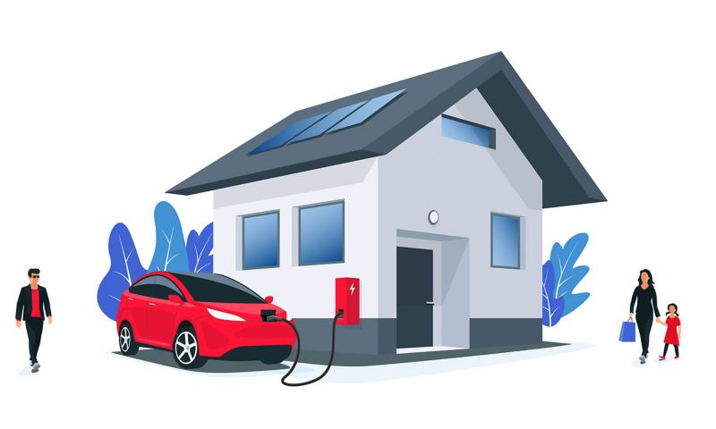 Ein Elektroauto lädt vor einem Wohnhaus, dessen Dach mit einer Photovoltaik-Anlage ausgerüstet ist