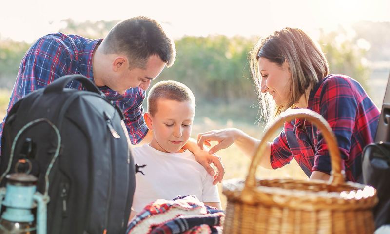 Familie holt Picknicksachen aus Kofferraum