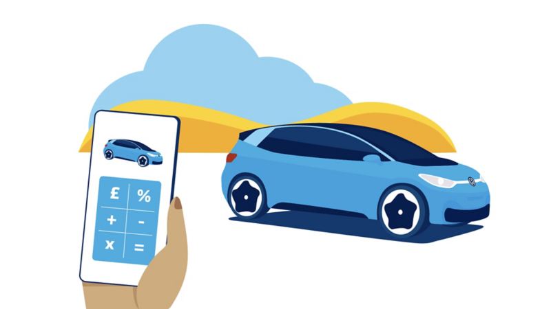 illustration of a car and a hand next to it holding a mobile phone with a calculator on the screen