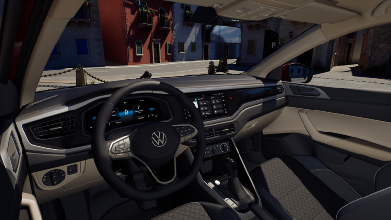 Interior de Volkswagen Virtus, con volante, pantallas y ventilas de aire acondicionado.