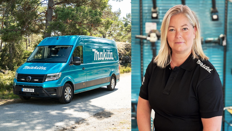 Bildmontage med en folierad Crafter med Makita emblem samt Lotta Groth från Makita